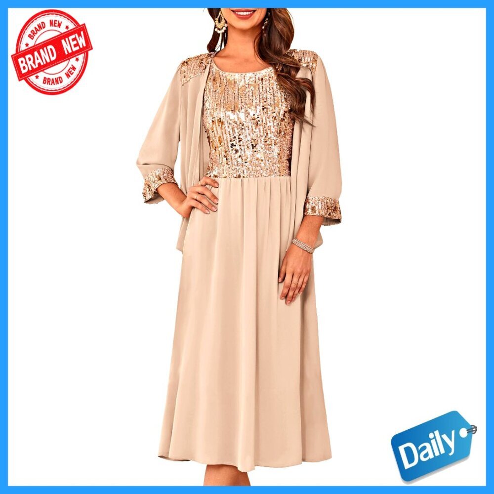 Two Piece Sequin Formal Dress with Jacket Tea Length Elegant Wedding Guest - Picture 1 of 7